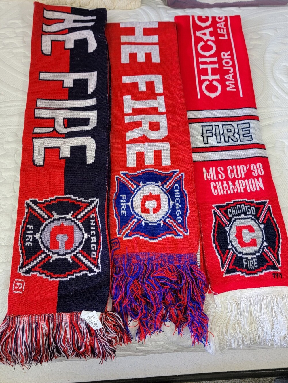Lot Of 3 Vintage Chicago Fire Football US Soccer MLS Rectangle Fringed Scarves